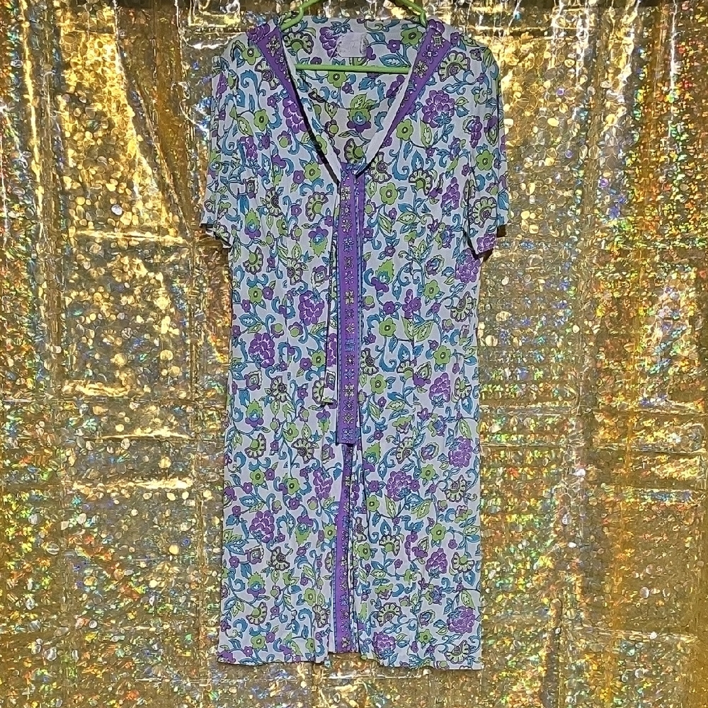 Vintage Midi Polyester Floral Print Dress with Purple Accents